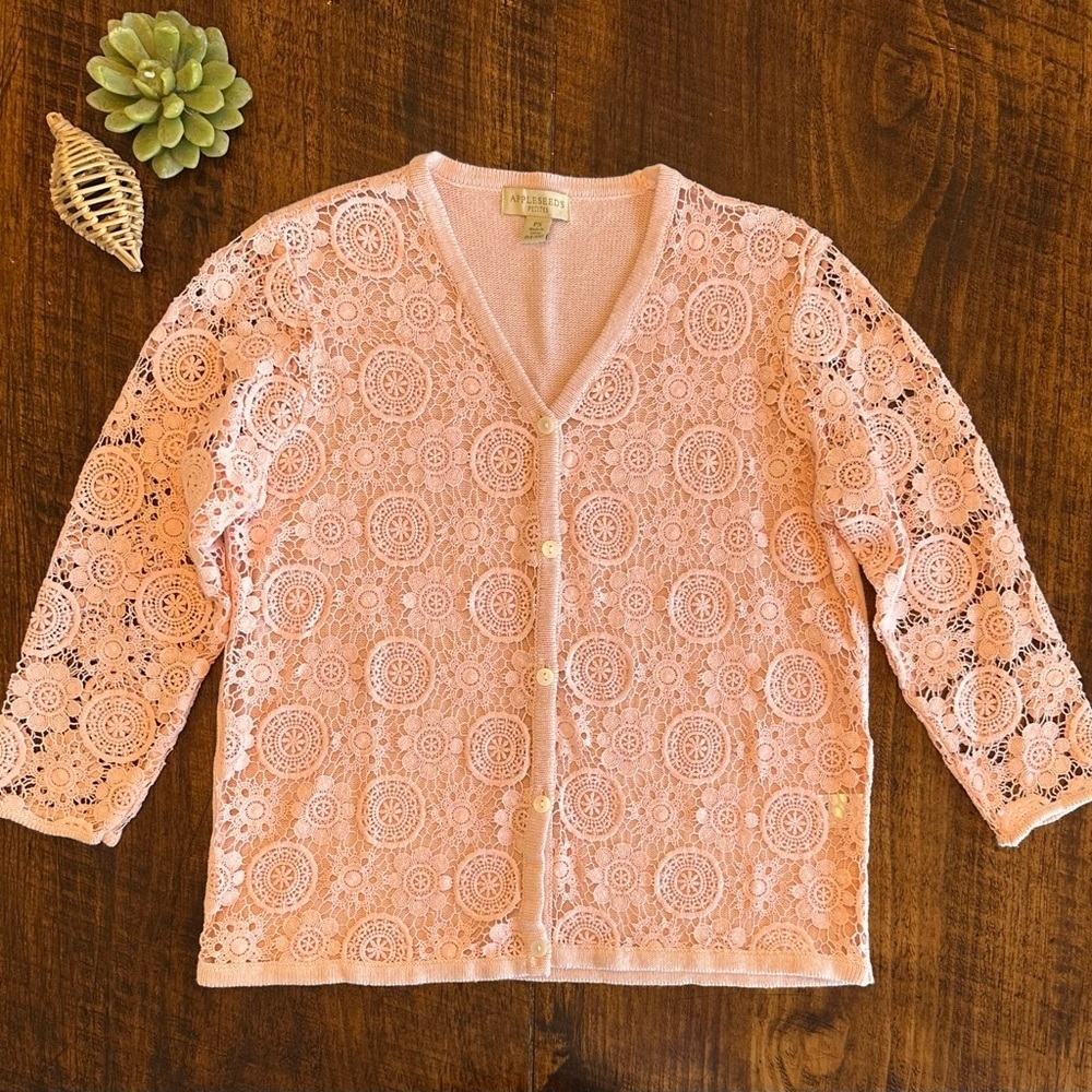Appleseed's | Vintage Pink Lace Crochet Cardigan Cottagecore Coquette, Size SP